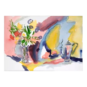Abstract Still Life With Bouquet and Teapot in Watercolor on Paper by Les Anderson