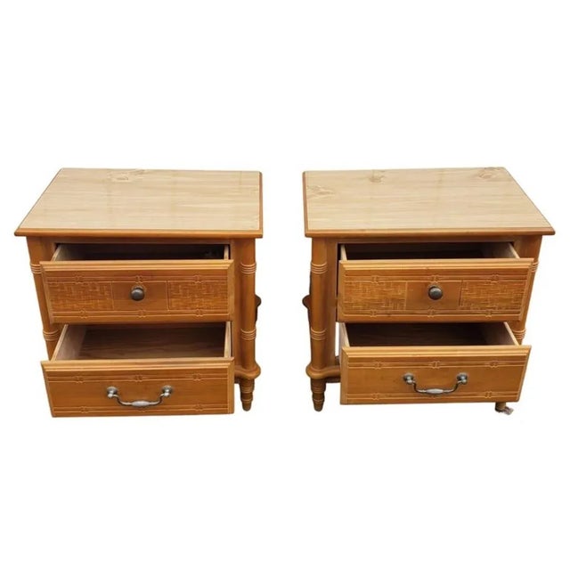 Wood Mid Century Faux Bamboo / Split Reed Maple Nightstands, a Pair For Sale - Image 7 of 10