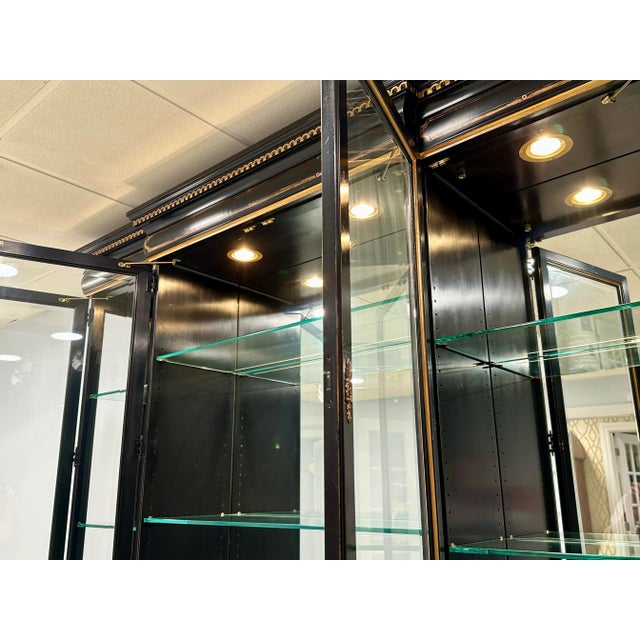 Karges Black & Gilt Lacquered Breakfront Display Cabinet | Neoclassical China Cabinet | Illuminated 90” For Sale - Image 9 of 12