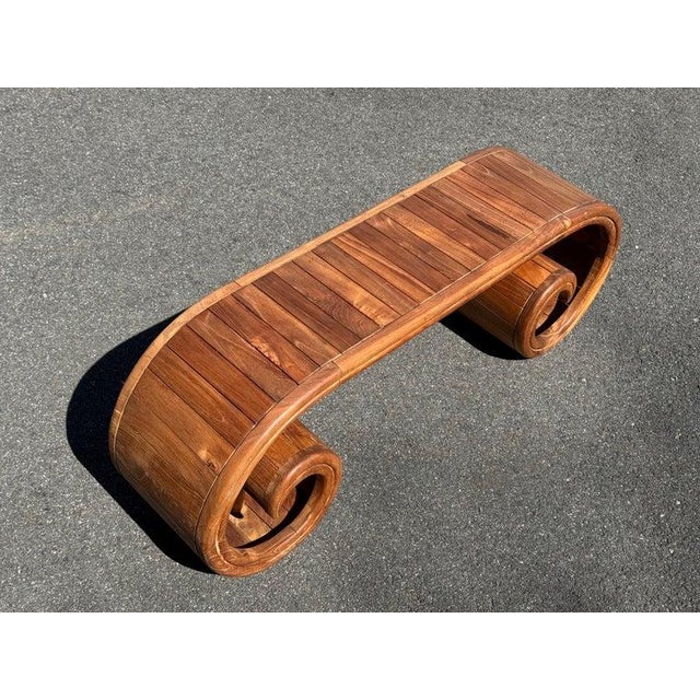 Cinnamon Teak Scroll Waterfall Bench For Sale - Image 8 of 18