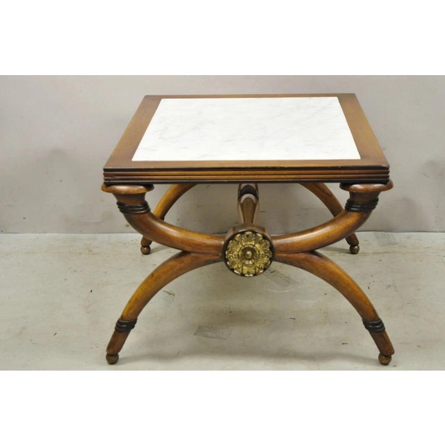 Neoclassical Vintage Italian Neoclassical Low Marble Top Curule X-Frame Accent Side Table For Sale - Image 3 of 11