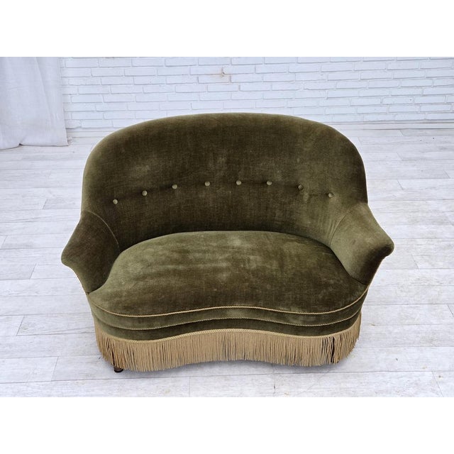 1960s, Danish 2-seater sofa. Original green furniture velour, beech wood legs, brass springs in the seat. Original good...
