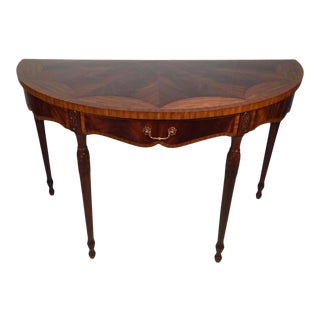 1980s Vintage Mahogany and Satinwood Maitland Smith Adams Style Large Demi Lune One Drawer Console Table For Sale