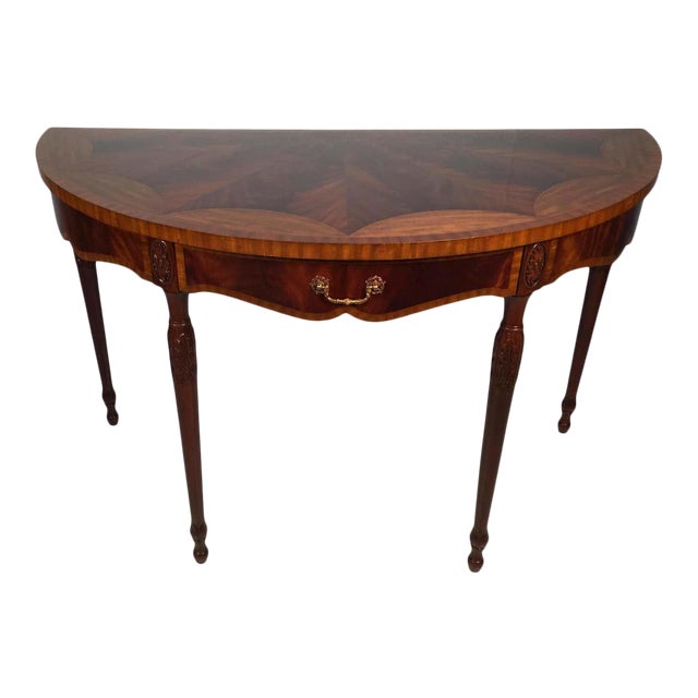 1980s Vintage Mahogany and Satinwood Maitland Smith Adams Style Large Demi Lune One Drawer Console Table For Sale