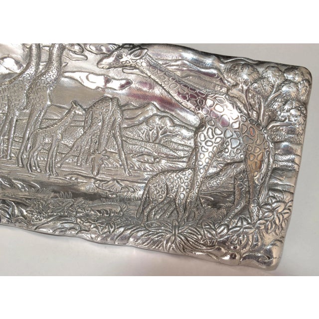 1990s Safari Giraffe Arthur Court Cast Aluminum Repousse Rectangle Serving Platter Tray For Sale - Image 9 of 12