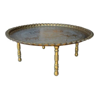 Antique Handmade Brass Footed Tray with Arabesque Engravings For Sale