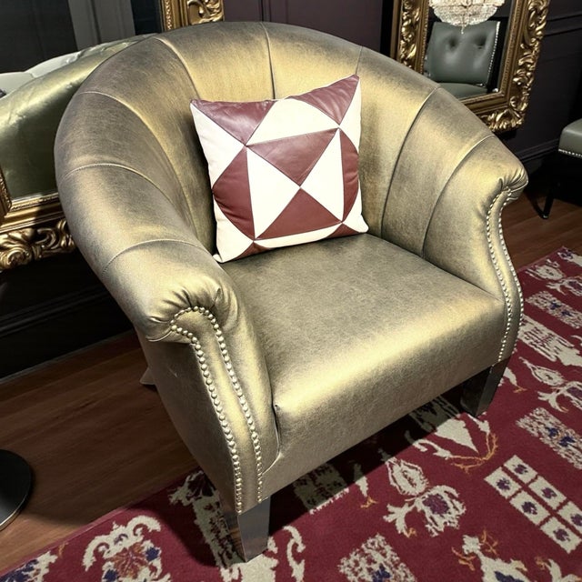 2010s Pair of Pacific Design Center Deep Forest Moss Bronze Leather Barrel Armchairs For Sale - Image 5 of 8