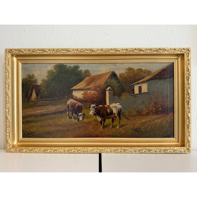 Brown Antique Oil Painting on Canvas Cows Farm Landscape Pastoral Scene Signed Framed For Sale - Image 8 of 15