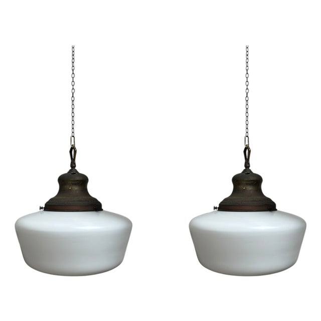 Large Antique English Opaline Milk Glass and Brass Church Pendant, 1890s For Sale