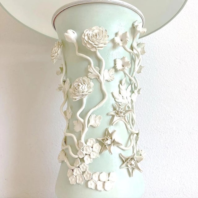 Gorgeous big Italian ceramic vase lamp hand glazed in matte sea foam green with applied creamy white dimensional flowers...