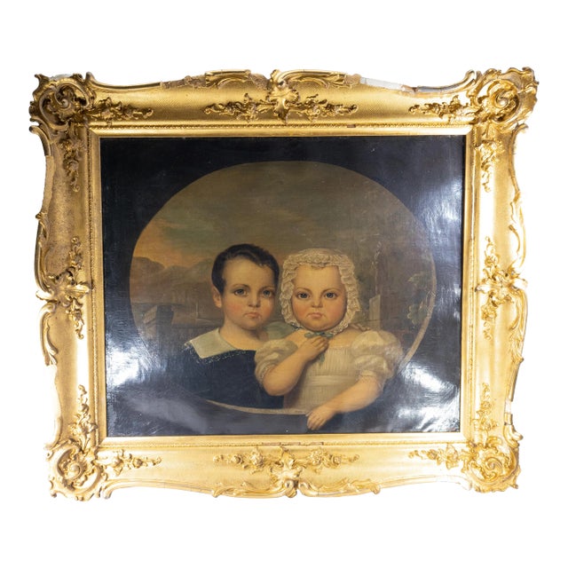 American Folk Art Americana Portrait Painting of Brother and Sister For Sale