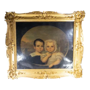 American Folk Art Americana Portrait Painting of Brother and Sister