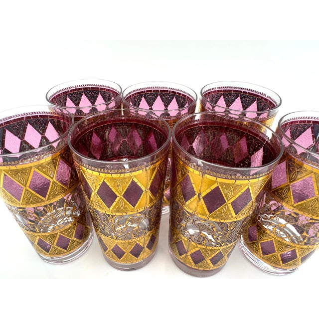 1960s Mid Century West Virginia Glass Company Pink Highball, Regal Amethyst & 22k Gold Harlequin Motif- Set of 7 For Sale - Image 5 of 9