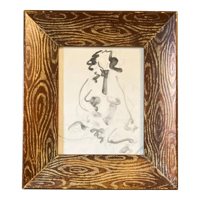 1970’s Original Abstract Expressionist Female Nude Watercolor Painting /Drawing Chunky Wood Frame For Sale
