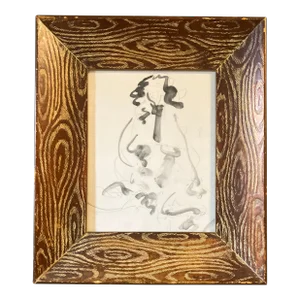 1970’s Original Abstract Expressionist Female Nude Watercolor Painting /Drawing Chunky Wood Frame