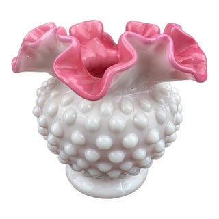 Vinatge MCM Fenton Pink & White Milk Glass Hobnail Peach Blow Ruffle Top Vase For Sale