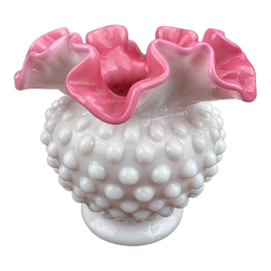 Vinatge MCM Fenton Pink & White Milk Glass Hobnail Peach Blow Ruffle Top Vase