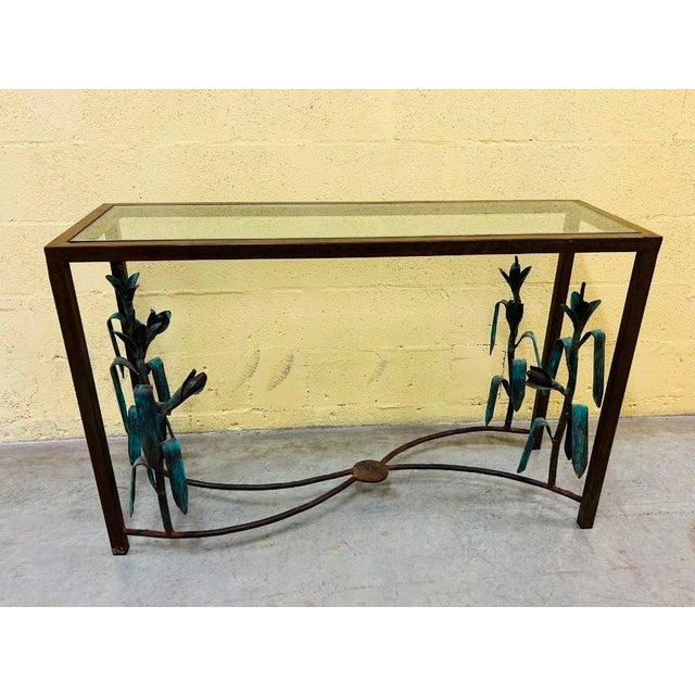 American Sculptural Brutalist Bronze & Verdigris Tone Console Table Giacometti Style For Sale - Image 3 of 9