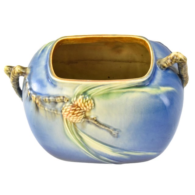 Arts & Crafts Roseville Pine Cone Blue 1936 Vintage Art Pottery Pillow Ceramic Vase 114-8 For Sale - Image 3 of 4