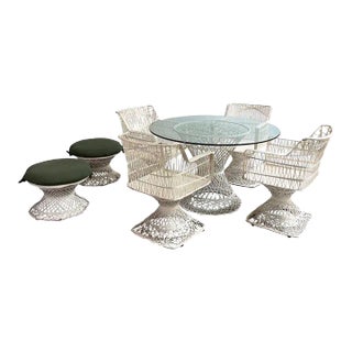 Vintage Russell Woodard Woven Fiberglass Patio Dining Set With Ottomans, 7 Pieces For Sale