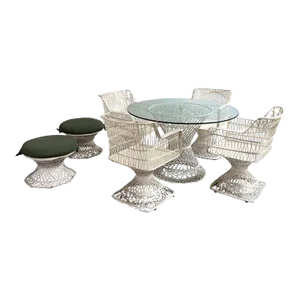 Vintage Russell Woodard Woven Fiberglass Patio Dining Set With Ottomans, 7 Pieces
