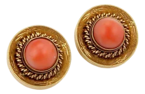 Coral Fancy Textured Button 18k Yellow Gold & Clip on Earrings