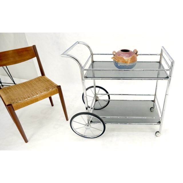 Italian Chrome Faux Bamboo Smoked Glass Two Tiers Serving Cart Bar Table MINT For Sale - Image 10 of 11