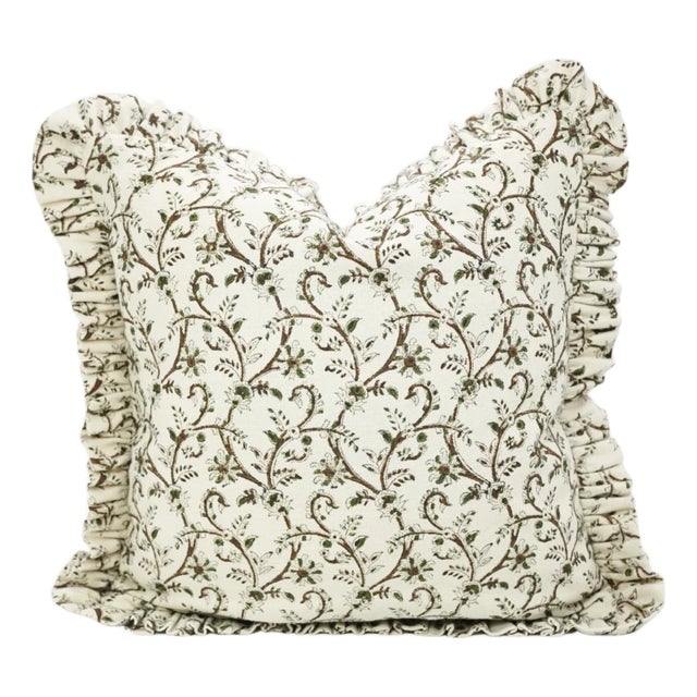 Block Print Ruffle Pillow Artisan Decorative Throw Cushion for Sofa and Bed 14x20 Inch- Varansi For Sale