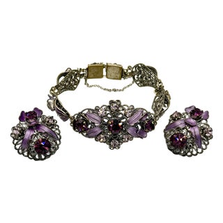 Western Germany Purple Rhinestone Enamel Parure Set Bracelet Earrings Lavender For Sale