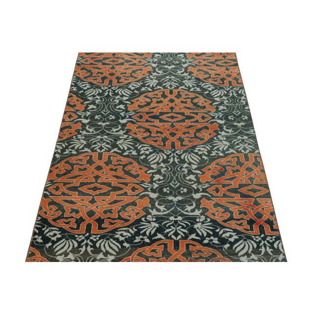 1950s Vintage Hereke Rug in Teal With Orange Arabesque Medallions | Rug & Kilim For Sale - Image 5 of 7