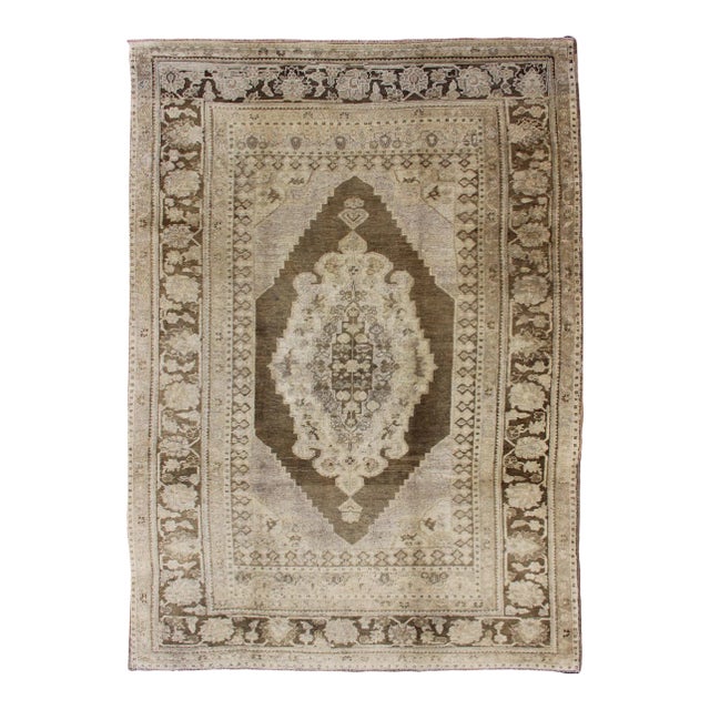 Vintage Turkish Oushak Rug in Brown/Green, Taupe and Neutral Colors For Sale