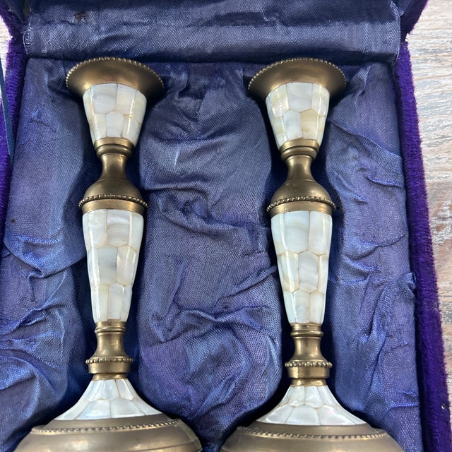 1970s 1970s Brass and Mother of Pearl Candle Sticks For Sale - Image 5 of 6