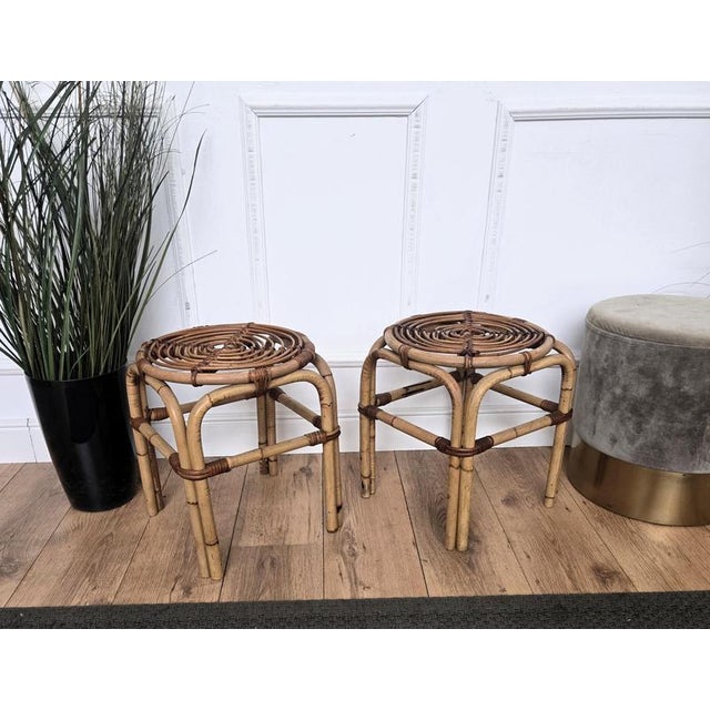 Wood Bohemian French Riviera Italian Bamboo Rattan Stool, 1960s, Set of 2 For Sale - Image 7 of 8