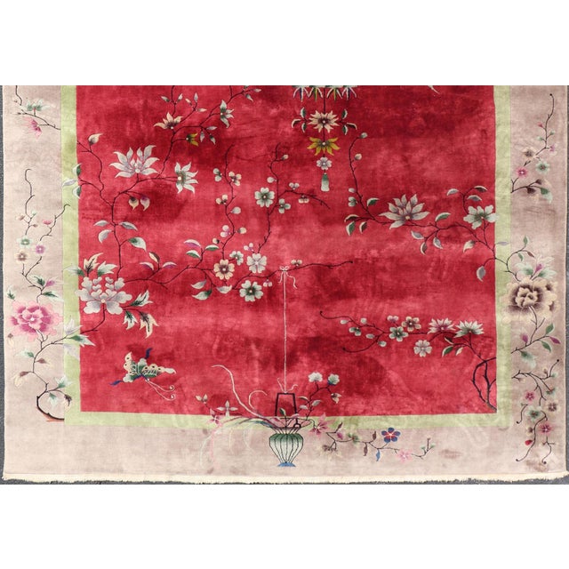 Textile Antique Art Deco Rug in Rich Red Field With Light Grey and Floral Accents For Sale - Image 7 of 14