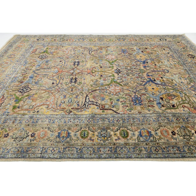 Hand-Knotted Modern Bidjar Hi-Lo Textured Rug Beige Wool Rug Floral & Vine Motif For Sale - Image 11 of 11