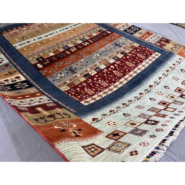 Blue & Rust Afghan Sultani Pictorial Wool Rug, Natural Dye Khorjin Tribal Design, 6′5″ × 9′7″ For Sale - Image 10 of 12