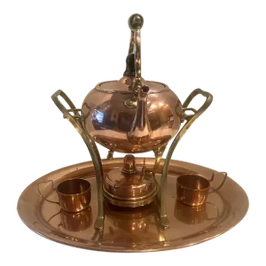 Early 20th Century Jos Heinrichs Copper Over Sterling Teapot With Tea Basket, Copper Tray & Cups- 7 Pieces