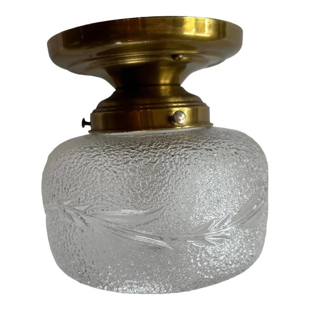 Mid-Century Pressed Glass Petite Flushmount Fixture With Original Brass Holder For Sale