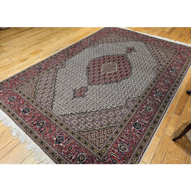1900 - 1909 Antique Persian Tabriz Mahi Rug, Hand-Knotted Wool & Silk, Herati Geometric Pattern, Ivory & Red, 7x10 For Sale - Image 5 of 17