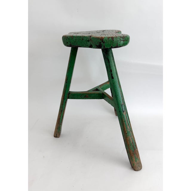 Early 20th Century Rustic Green Painted Elm Stool For Sale - Image 5 of 8