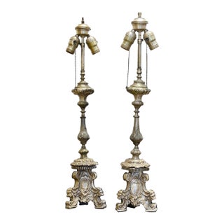 Vintage European Baroque Style Silvered Altar Candlestick Table Lamps - Pair For Sale