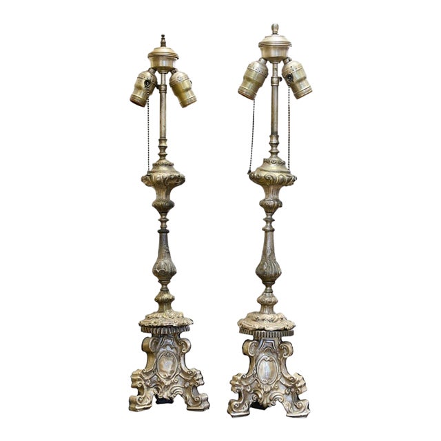 Vintage European Baroque Style Silvered Altar Candlestick Table Lamps - Pair For Sale