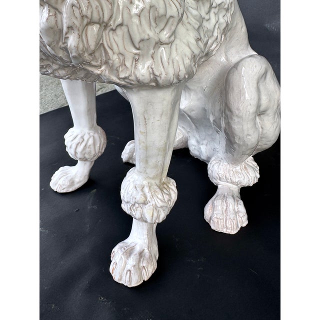 Italian Faience Poodle Figure, White Glaze With Blue Bow, Mid-20th Century, 21 3/4 In. Tall For Sale - Image 11 of 15