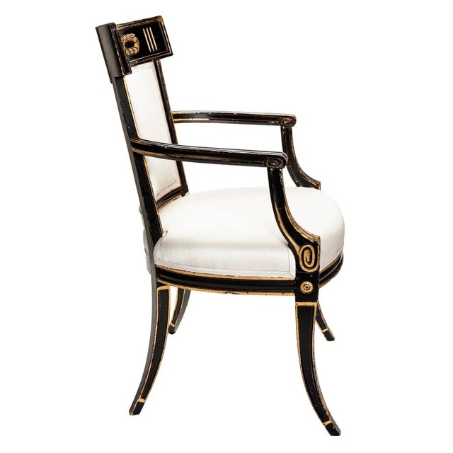 Ebony Early 19th Century Italian Regency Style Ebony & Gilt Armchairs in European Silk - a Pair For Sale - Image 8 of 13