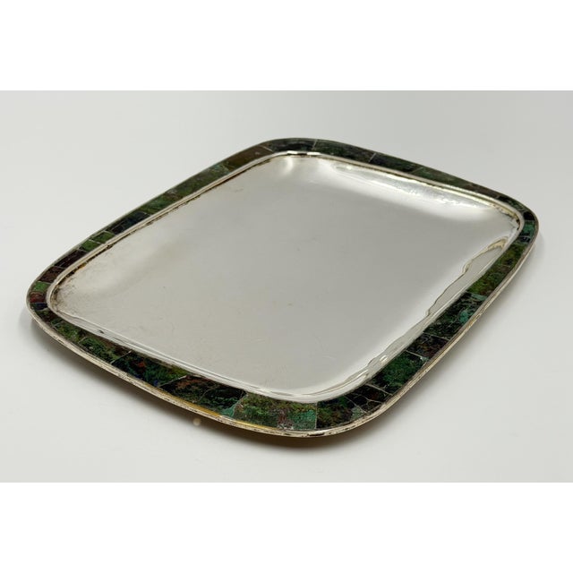Mid-Century Modern Mid 20th Century Los Castillo Taxco Azurite & Lapis Inlaid Silver Plated Tray, Mexican Modernist For Sale - Image 3 of 18