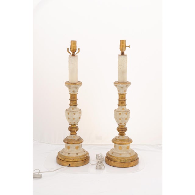 1940s Large Italian Gilt & Hand-Painted Candlestick Lamps For Sale - Image 9 of 12