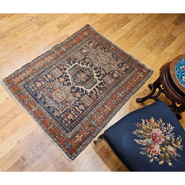 Red 19th Century Heriz Karajeh Rug, Hand-Knotted Wool, Geometric Pattern, Blue & Green, 4x5 For Sale - Image 8 of 16