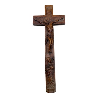 Antique 1700's Hand Carved Wood Religious Jesus Christ Crucified Cross Sculpture For Sale