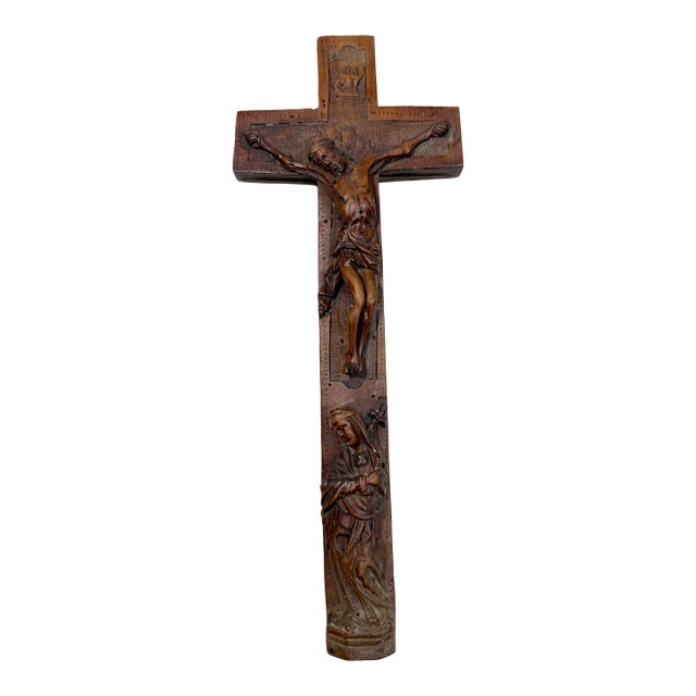 Antique 1700's Hand Carved Wood Religious Jesus Christ Crucified Cross Sculpture For Sale