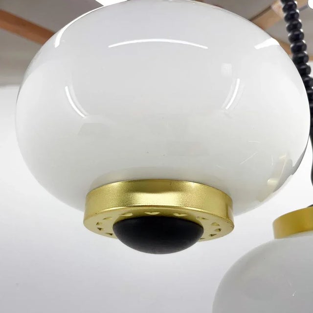 Metal Mid-Century Wood, Milk Glass & Brass Cascade Chandelier, Poland, 1970s For Sale - Image 7 of 13